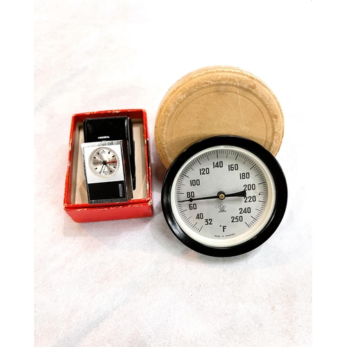 35 - A circular vintage Swedish Fahrenheit thermometer in original box; a STOWA miniature wind up clock/a... 