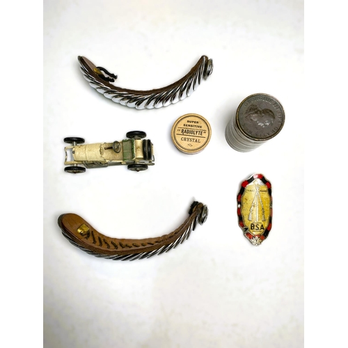 755B - A pair of military epaulettes; a BSA badge; a Trench Art coin holder; 2 'Radiolyte' crystals; a vint... 