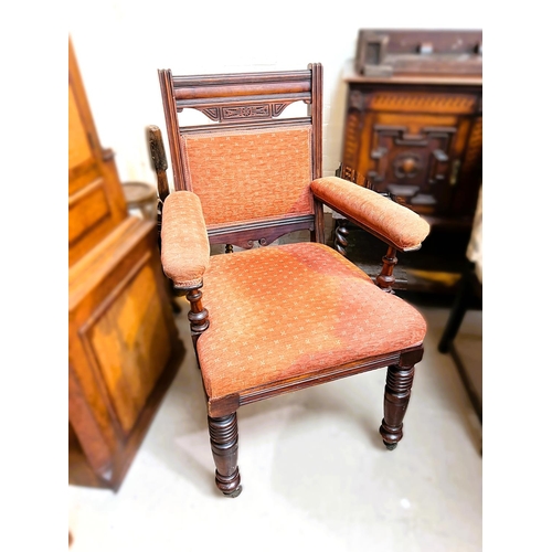 951 - A pair of Edwardian arm chairs, aesthetic movement look, cushioned upholstery