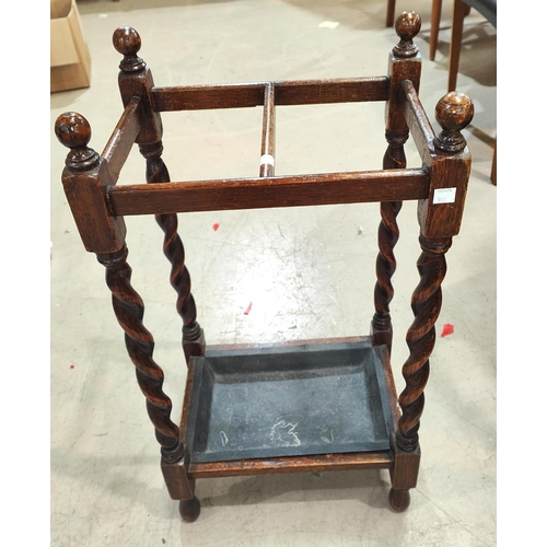 918 - A 1930's oak barley twist stick stand with 2 divisions; a needlework firescreen; a mahogany hall cha... 