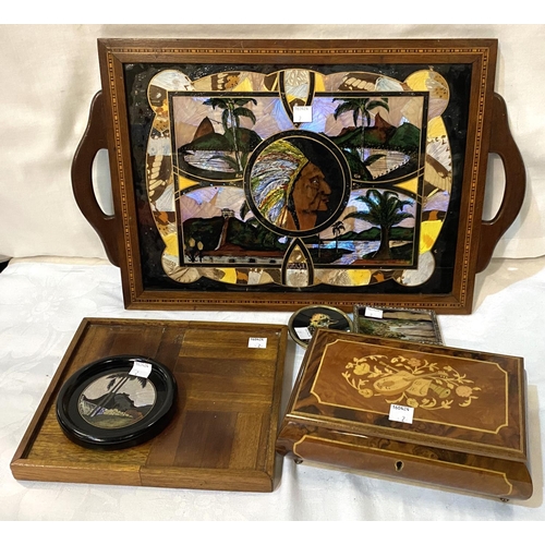 2 - A 1930's American butterfly wing tray in inlaid frame; a modern inlaid musical jewellery box; 2 smal... 