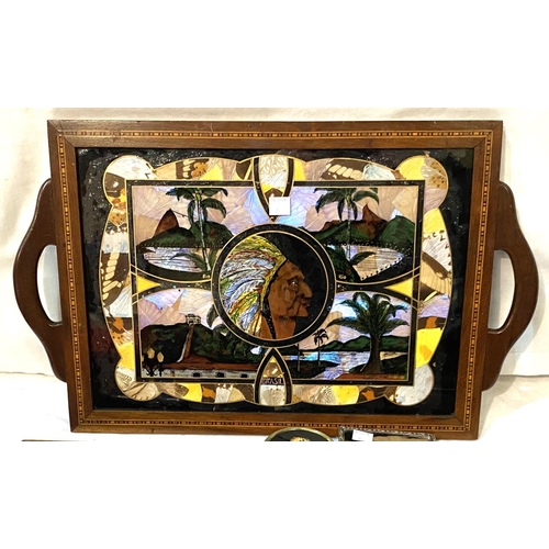 2 - A 1930's American butterfly wing tray in inlaid frame; a modern inlaid musical jewellery box; 2 smal... 