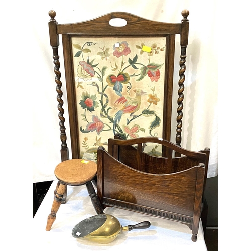 25A - A needlework firescreen; a magazine rack; a footstool; a brass shovel