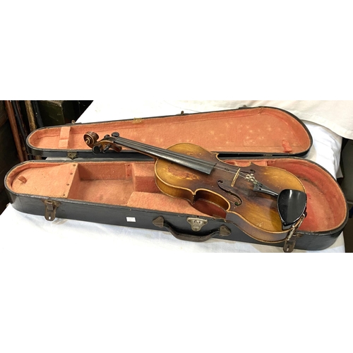 31 - A late 19th/ early 20th century two piece back violin in hard case (splits to body)