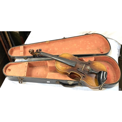 31 - A late 19th/ early 20th century two piece back violin in hard case (splits to body)