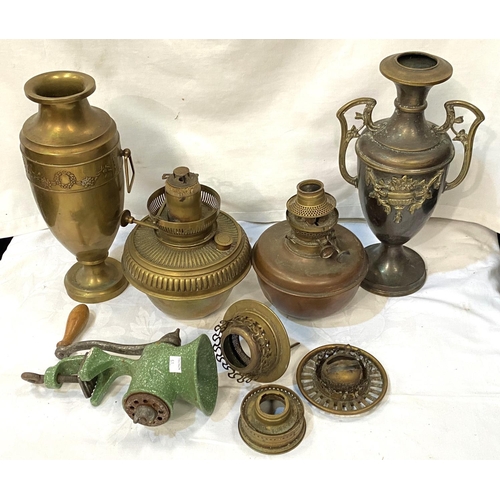 51 - Two brass reservoirs for Victorian oil lamps; a pair of brass vases; a vintage mincing machine