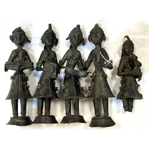 53 - A set of 5 African copper figures playing musical instruments, ht. 22cm (one leg a/f)