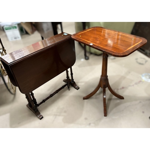 937 - A reproduction mahogany Sutherland table; a reproduction occasional table with rectangular crossband... 