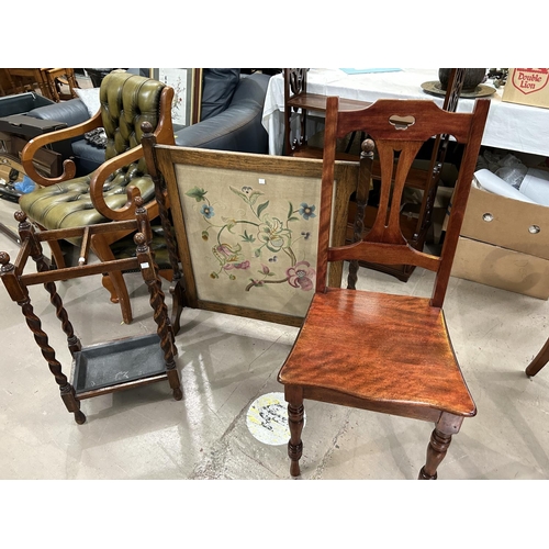 918 - A 1930's oak barley twist stick stand with 2 divisions; a needlework firescreen; a mahogany hall cha... 