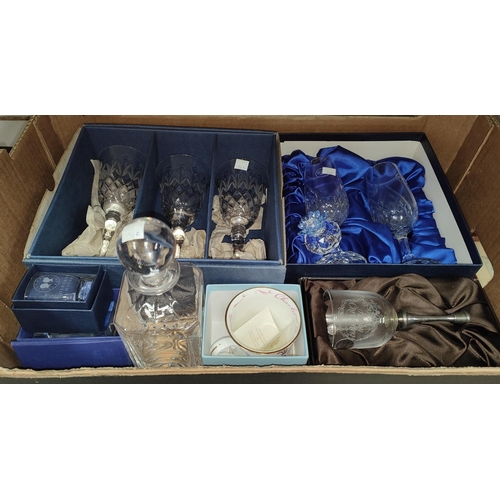 54C - A selection of boxed glassware and other giftware including a Parker pen set, silverplated spoons et... 