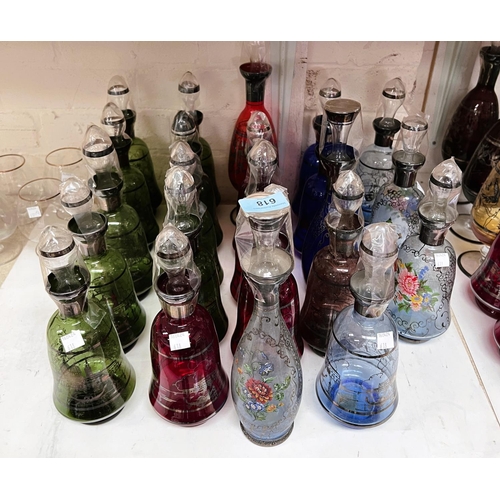 618 - A selection of Venetian glass decanters in blue, red and green decorated with Venetian scenes, By Pa... 