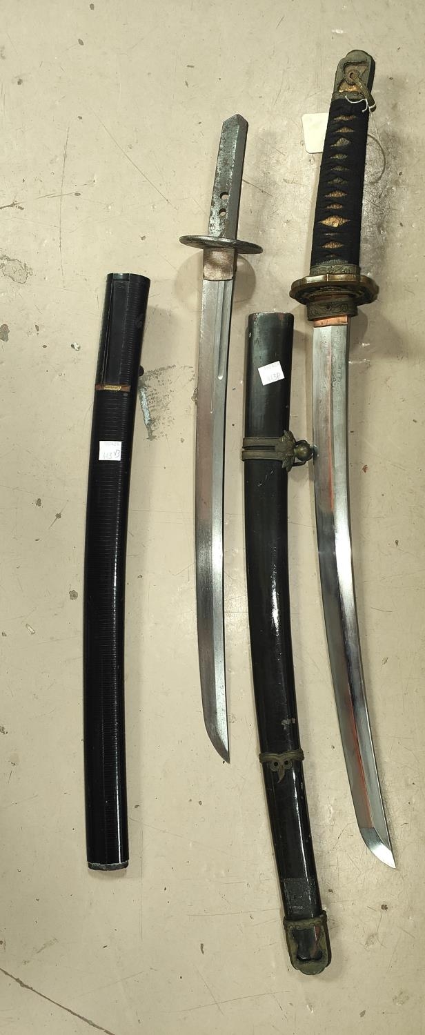 Two 20th Century Japanese Short Swords, One Blade 45cm With Patination 