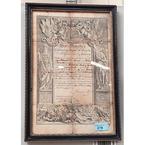 262 - COLDSTREAM GUARDS - discharge certificate, dated 13th May, 1802, 32 x 21cm (to platemark), framed; 