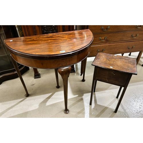 891 - A 1930's workbox/occasional table; a mahogany demi-lune hall table; a reproduction wine table; a lar... 