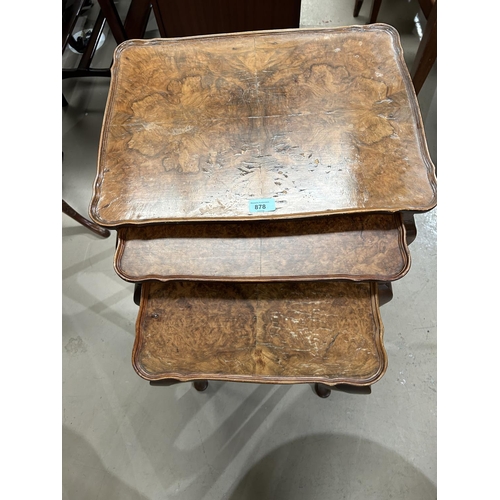 895 - A burr walnut nest of three occasional tables with rectangular dish tops and a pair of pedestal wine... 