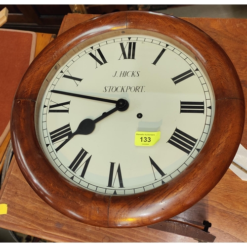 165 - A 19th century mahogany cased wall clock with circular dial by J Hicks, Stockport