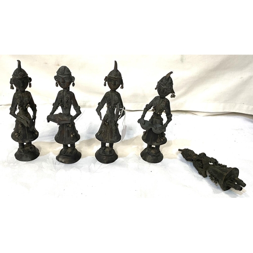 404 - A set of 5 African copper figures playing musical instruments, ht. 22cm (one leg a/f)