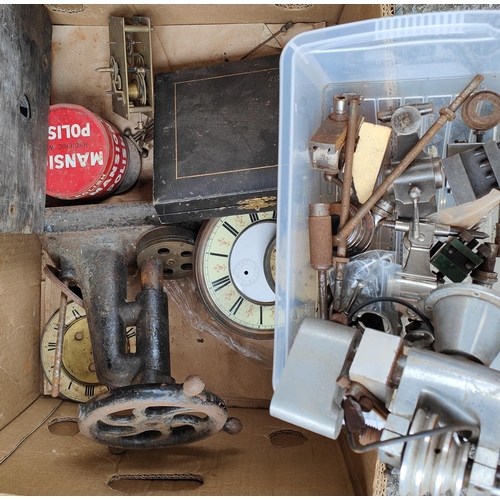 700 - A vintage watch makers lathe, clock and watch parts including single weight driven