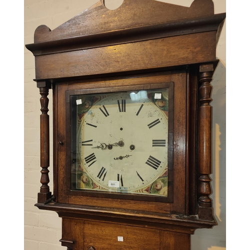 881 - An early 19th century oak and mahogany longcase clock with architectural pediment and turned columns... 