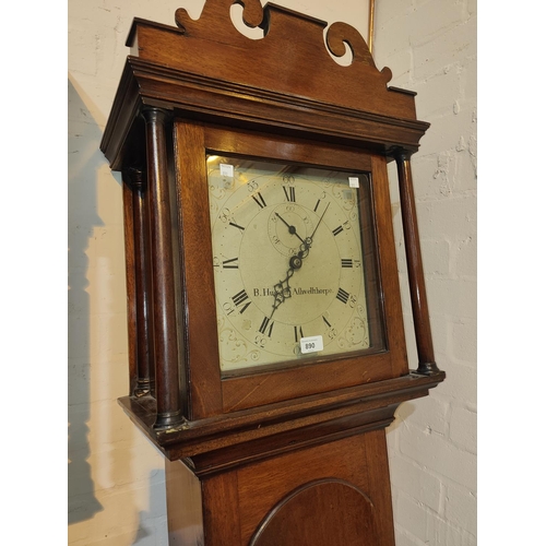 890 - A late 18th century oak longcase clock, by B Huggin Ashwellthorpe, 30 hour movement, with frett... 