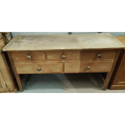 934 - A Victorian stripped pine dresser base of 3 short and 2 long drawers.  Dimensions: - Length 155 x D ... 