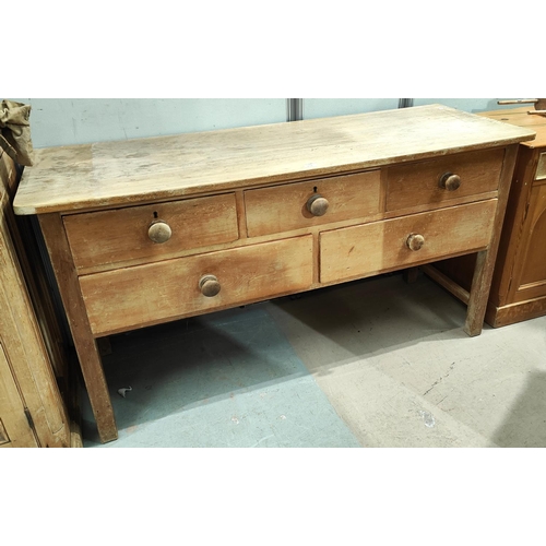 934 - A Victorian stripped pine dresser base of 3 short and 2 long drawers.  Dimensions: - Length 155 x D ... 