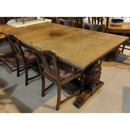 964 - An early 20th century Elizabethan style oak dining suite on carved bulbous legs comprising rectangul... 