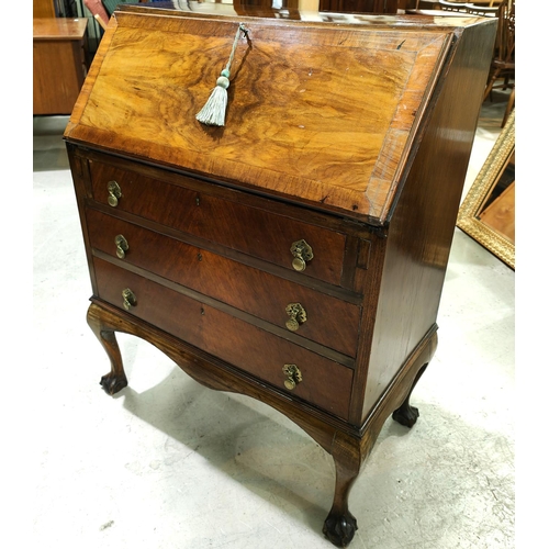 969 - A 1930's walnut fall front bureau with 3 drawers