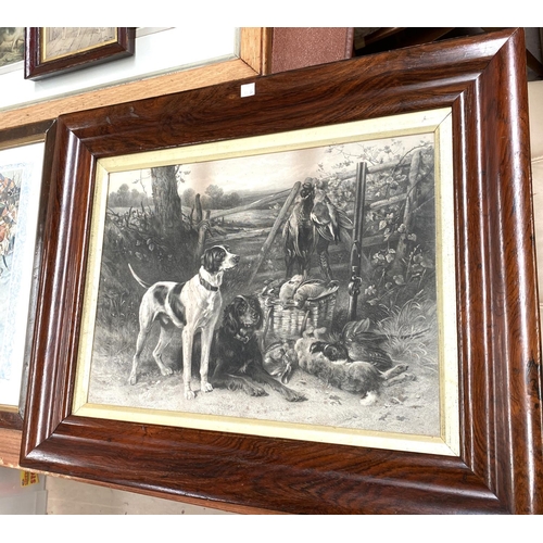 12A - A large monochrome Victorian print of gundogs, in original rosewood frames and 2 other prints
