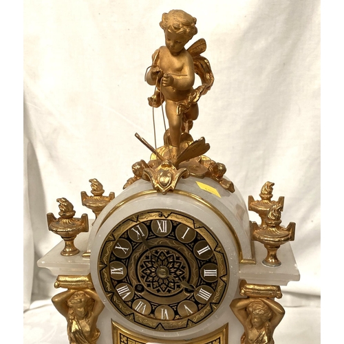 131 - A Louis XVI style white marble mantle clock with gilt metal cherub finial and mounts with base and s... 