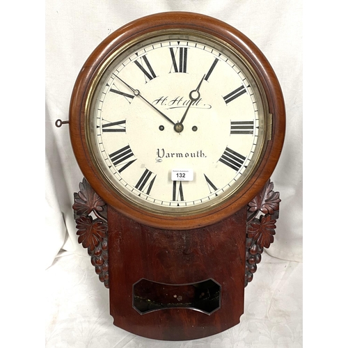 132 - A 19th century mahogany cased drop dial wall clock with vince carved side mounts, twin chain fusee m... 