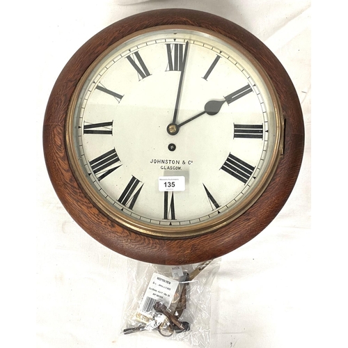 135 - A 19th century oak wall clock with single train fusee movement by Johnston & Co, Glasgow, dia. 4... 