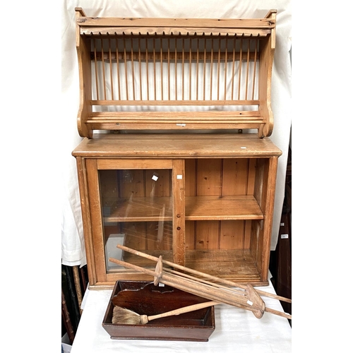 145 - 2 wall hanging pine plate racks; a 2 division cutlery tray ; a small glazed pine wall cupboard