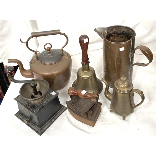 146 - A copper kettle, brass bells; a charcoal iron, coffee grinder etc