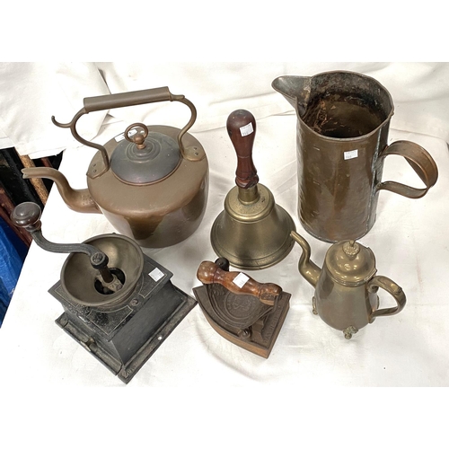 146 - A copper kettle, brass bells; a charcoal iron, coffee grinder etc