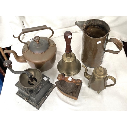 146 - A copper kettle, brass bells; a charcoal iron, coffee grinder etc