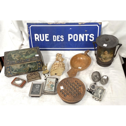 150 - A French Enamel street sign 'Rue Des Ponts' 20x50cm, two vintage metal biscuit tins, a vintage solit... 