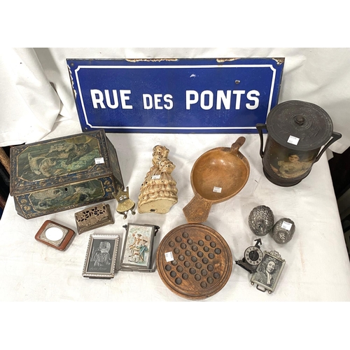 150 - A French Enamel street sign 'Rue Des Ponts' 20x50cm, two vintage metal biscuit tins, a vintage solit... 