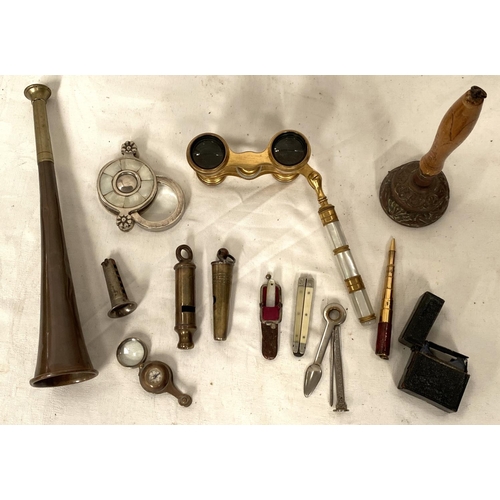 151 - A Liverpool City Police whistle, a Metropolitan Whistle, other various collectables, opera glasses e... 