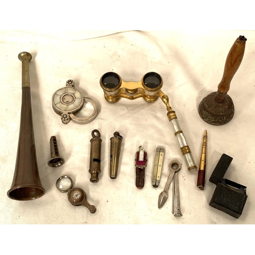 151 - A Liverpool City Police whistle, a Metropolitan Whistle, other various collectables, opera glasses e... 