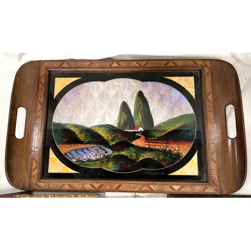 153 - An Edwardian inlaid butterfly wing tray, crystoleum of man in Georgian dress playing instrument and ... 