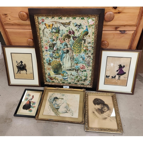 154 - A Victorian collage picture in frame (old stamp to back) 42x29cm, two 1920's mixed media silhouette ... 