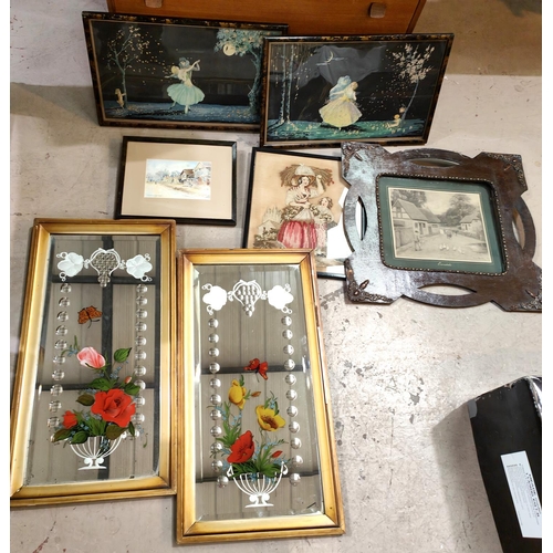 155 - A pair of Victorian painted mirrors with flowers and insects, gilt frames, 58x27cm, a sampler of wom... 