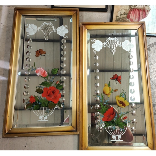 155 - A pair of Victorian painted mirrors with flowers and insects, gilt frames, 58x27cm, a sampler of wom... 