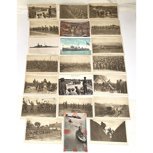 166 - A small collection of WWI & WWII  period post cards, cannons, ships and small selection of milit... 