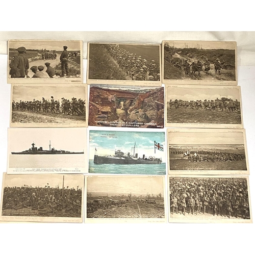 166 - A small collection of WWI & WWII  period post cards, cannons, ships and small selection of milit... 