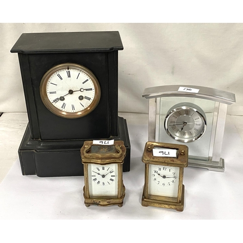 176 - A slate mantel clock with enamel dial, Roman numerals, two brass carriage clocks, a.f