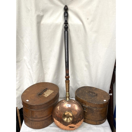 18 - A 19th century hot water copper bed warmer; 2 19th century metal hat boxes