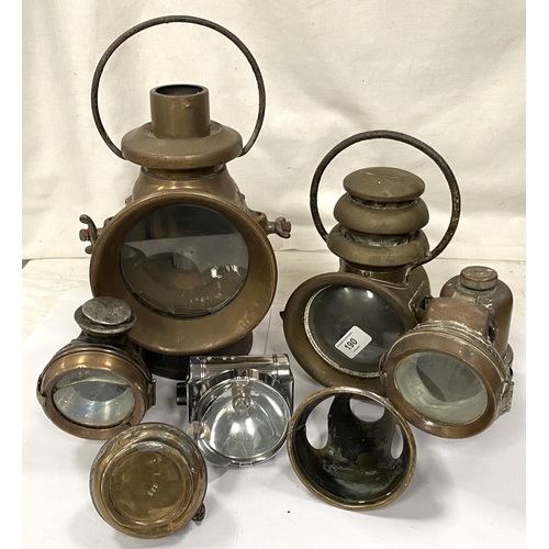 190 - A selection of 19th century brass lamps of various kinds and sizes, coach mans, hanging etc