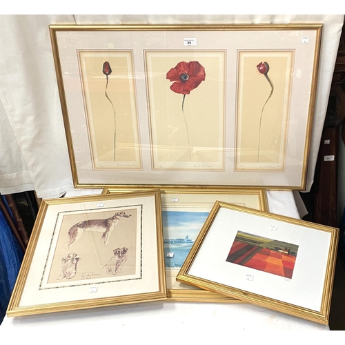 25 - 20th Century:  3 poppies, signed artist's print; cottage landscape, signed print; a print of 3 dogs;... 